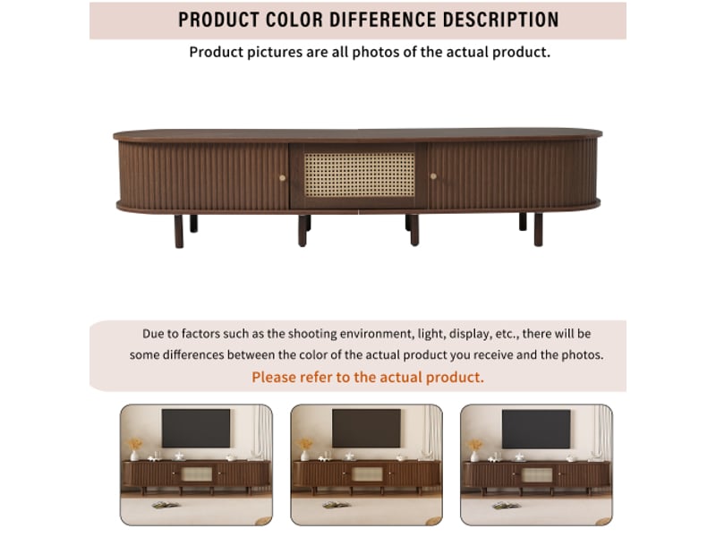  Meuble tv ovale en noyer foncé, design en rotin-design mdf 180 cm, pieds réglables, capacité de charge de 30 kg  - Conforama E
