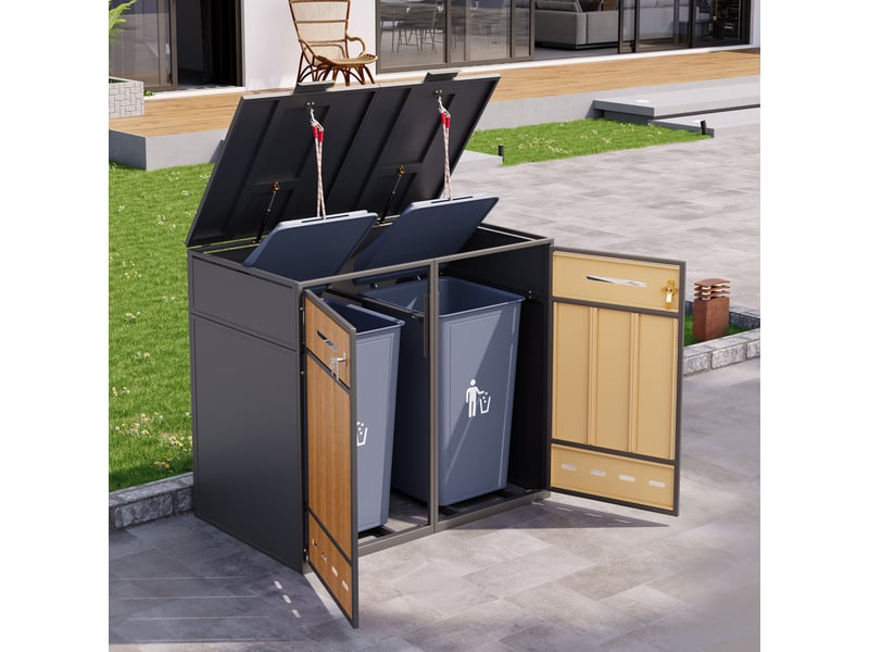 Abri poubelle double avec 2 compartiments, couvercle rabattable et portes avant - en acier gris effet bois - Conforama E