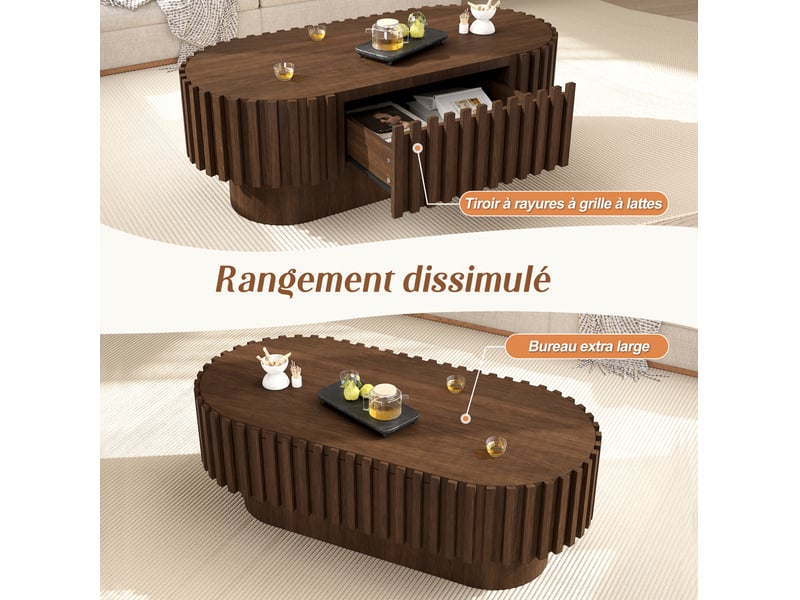  Table basse ovale 100 x 50 x 35,5 cm avec tiroir en mdf, coloris noyer, design moderne, décor à lamelles verticales  - Conforama E