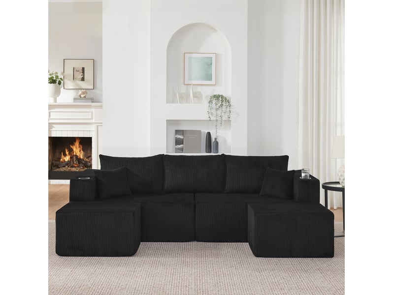 Canapé d'angle modulable tcqpz 3 places 230 x 138 x 75 cm noir en mousse et tissu côtelé - Conforama E