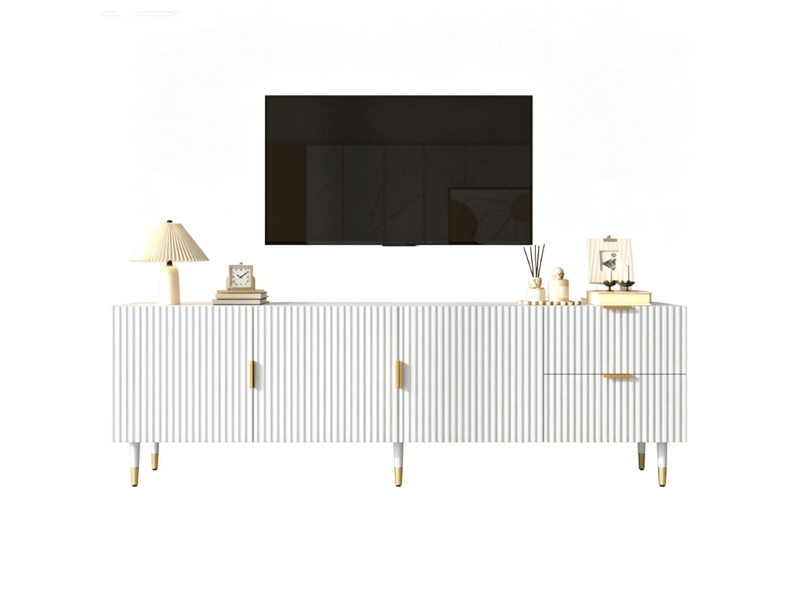  Meuble tv 170x35,5x55 cm - meuble bas avec tiroirs, portes avec étagères, poignées dorées, pieds dorés réglables et rangements  - Conforama D