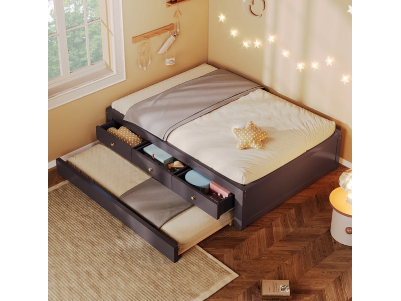  Lit 90x200 cm avec 3 tiroirs et lit gigogne en mdf et bois couleur marron café sans matelas  - Conforama B