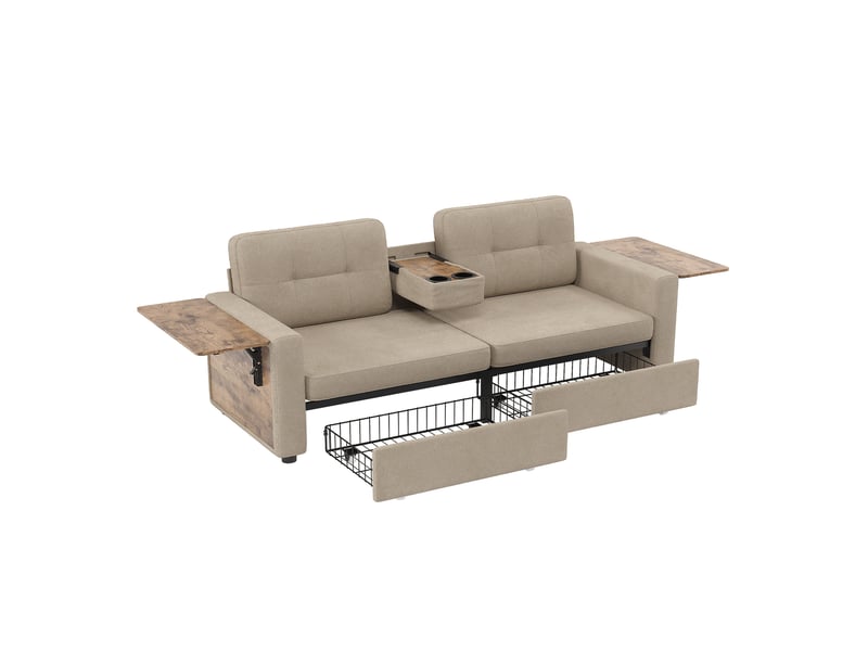  Canapé 2 places chenille avec tiroirs et tablettes réglables 178x71x57.5 cm kaki  - Conforama D