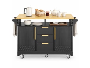 Îlot de cuisine extensible à roulettes avec rangement - 3 tiroirs, mdf noir, 120 × 40 × 95 cm