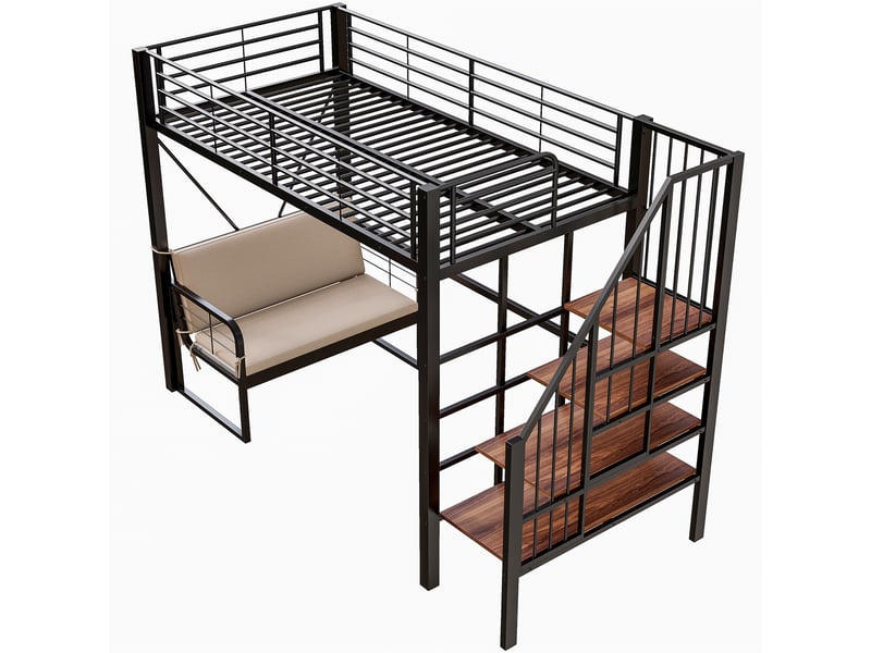  Lit mezzanine 90x200 cm métal noir, stable, canapé convertible, rangement et escalier de sécurité  - Conforama E