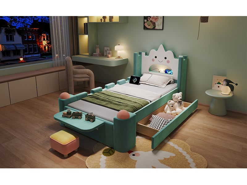  Lit capitonné simple 90x200 cm bleu canard velours français avec lampe de lecture usb tiroir de rangement et tablette rabattable Sol Morn - Conforama D