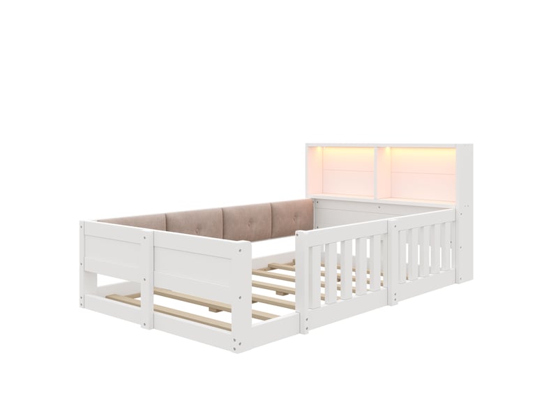  Lit enfant 90 × 200 cm 1 place avec barrières, led réglable et rangements, sans matelas, blanc en panneaux bois  - Conforama A