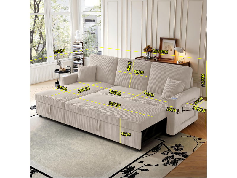  Canapé d’angle gauche convertible 3 places en velours côtelé beige avec rangement  - Conforama C