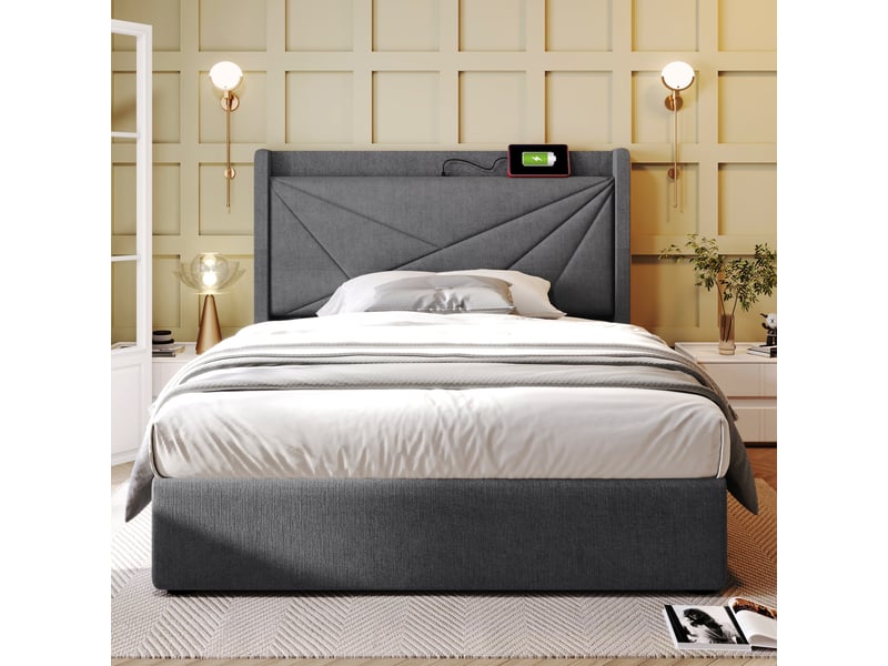  Lit coffre rembourré 90x200 cm, lit simple avec tête de lit usb-c, rangement intégré, sommier à lattes, revêtement en lin evarich - Conforama B