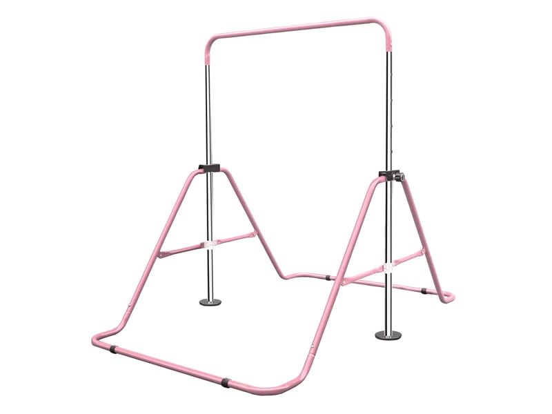  Barre de gymnastique enfant pliable 145 x 100 x 130 cm rose en fer, réglable sur 5 hauteurs avec anneaux  - Conforama C