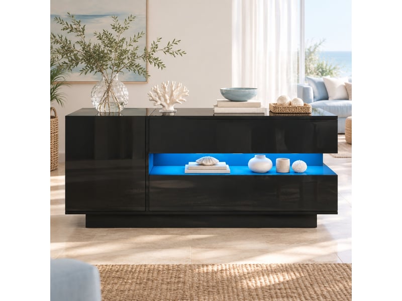  Table basse relevable avec tiroir, placard et led, rangement caché pour salon en panneau de particules noir 95×50×40 cm  - Conforama B