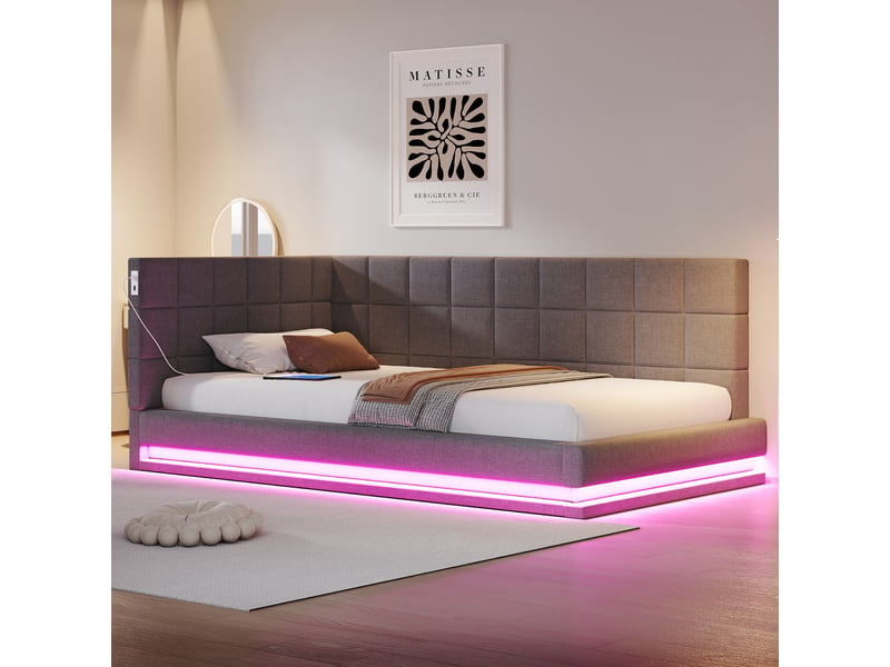  Lit banquette enfant 90 x 200 cm avec led, usb et sommier à lattes, lin, gris Fay Lum - Conforama D