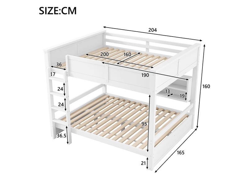Lit superposé 160x200 cm blanc, avec 6 rangements, led, structure bois, sommier inclus, sans matelas - Conforama C