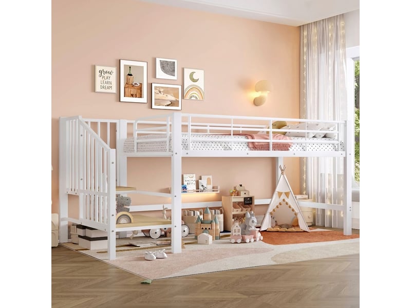  Lit mezzanine 90x200 avec escalier de rangement, lit enfant métal blanc  - Conforama B