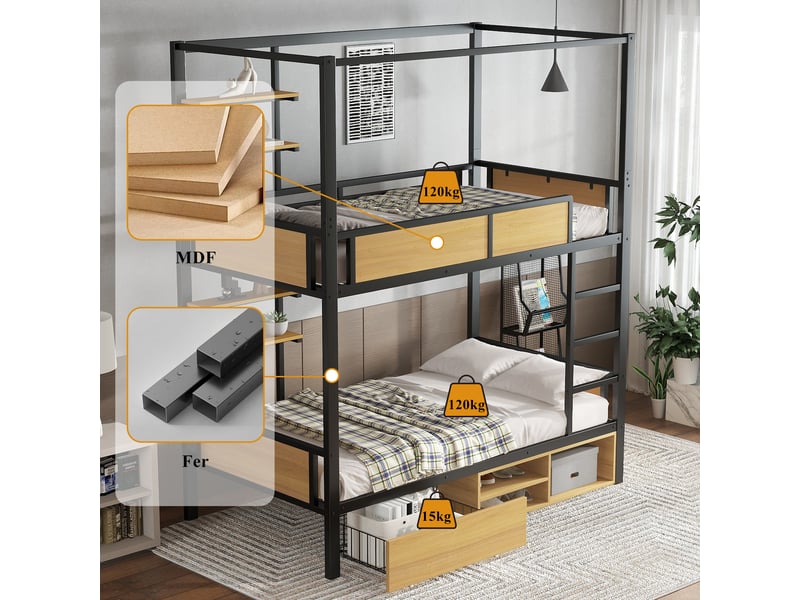  Lit étagé 90x200cm noir et naturel, structure métal et mdf, double étagère, rangement sous lit  - Conforama C