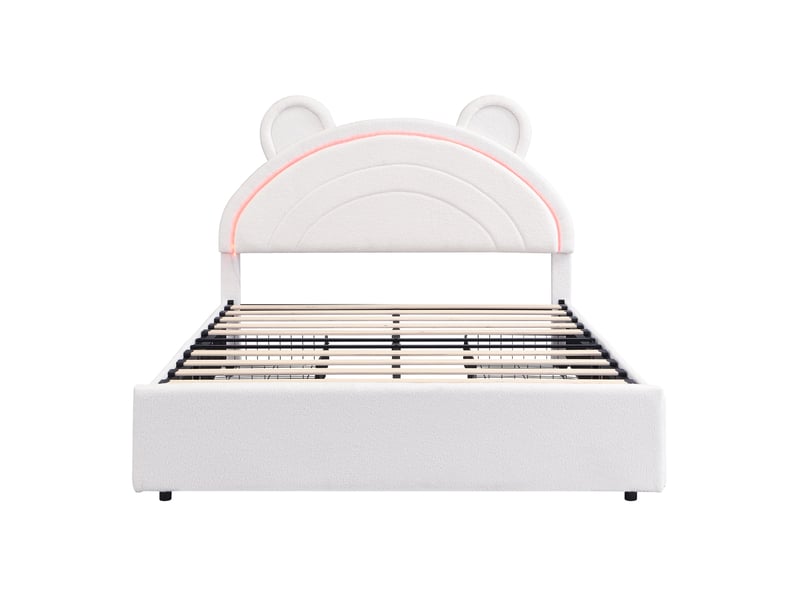 Lit enfant 140x200 cm lit rembourré, 4 tiroirs et led pilotée par application, beige, sans matelas - Conforama E