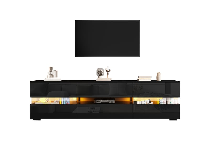  Meuble tv moderne brillant 160x39x45 cm avec éclairage led, 1 tiroir, 2 portes, compartiment ouvert avec insert en verre acrylique  - Conforama W