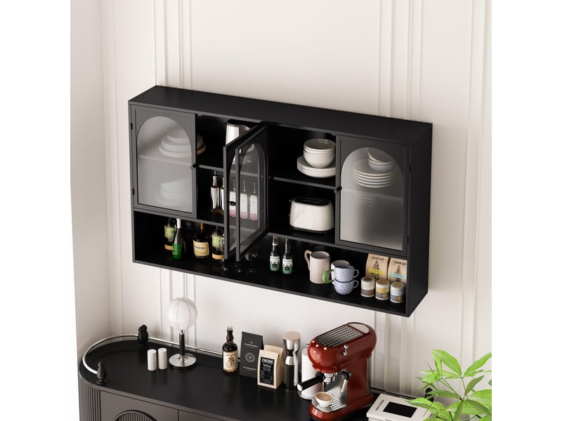 Buffet de cuisine - 120x23x70cm - meuble haut, armoire murale 4 portes en verre gris & étagère, style industriel - noir - Conforama D
