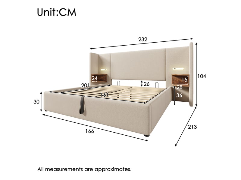 Lit double 160x200 cm avec coffre de rangement, tête de lit étagère, liseuse led et ports usbtype-c, tissu lin beige - Conforama C