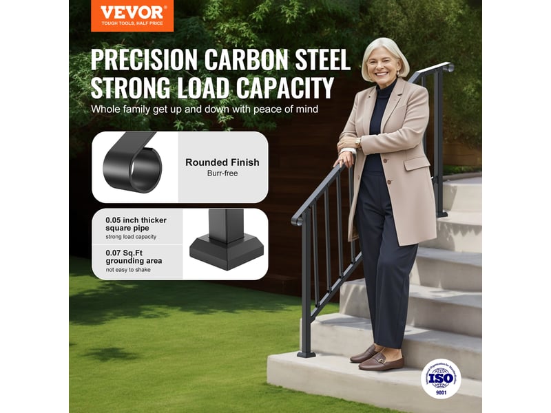 Vevor rampe deescalier pour 5 marches exterieures, main courante escalier en acier au carbone, avec kit deinstallation, pour personnes agees, marches en beton, porche, terrasse, arche retro noire - Conforama B