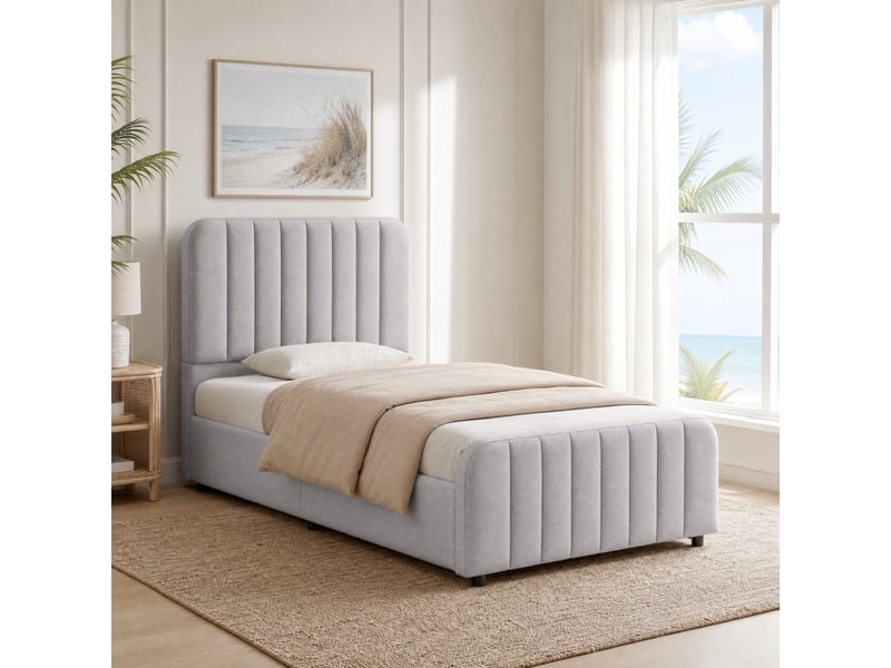  Lit coffre enfant simple 90×200 cm rangement hydraulique  - tête de lit rembourrée, lin gris, sans matelas  - Conforama C
