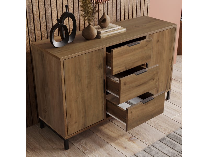  Commode 2 portes et 3 tiroirs 120 x 40 x 76 cm – chêne foncé – rangement modulable  - Conforama E
