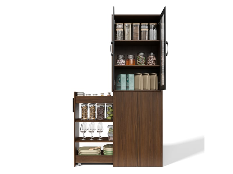  Meuble de rangement cuisine 60x30x180 cm avec portes vitrées, noir et naturel  - Conforama A