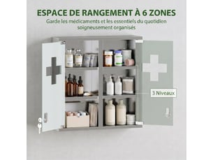 Armoire à pharmacie murale avec portes en verre verrouillables 2 clés, 46 x 12 x 48 cm, étagères de rangement, argenté