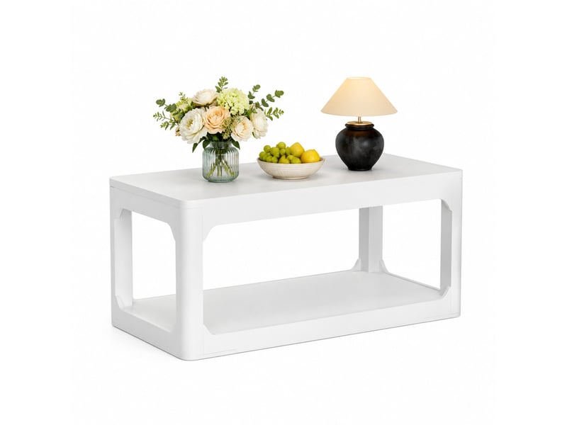  Table basse avec 2 niveaux de rangement pour salon en mdf blanc, plateau épais et bords légèrement arrondis  - Conforama A