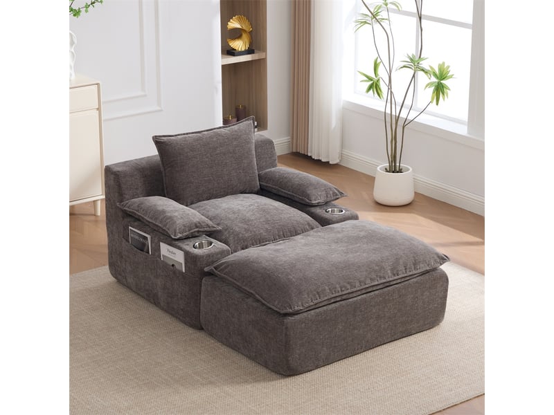  Fauteuil relax avec pouf - 113x93x81cm - chaise longue sous vide sans montage chenille porte gobelet rangement salon - gris  - Conforama D