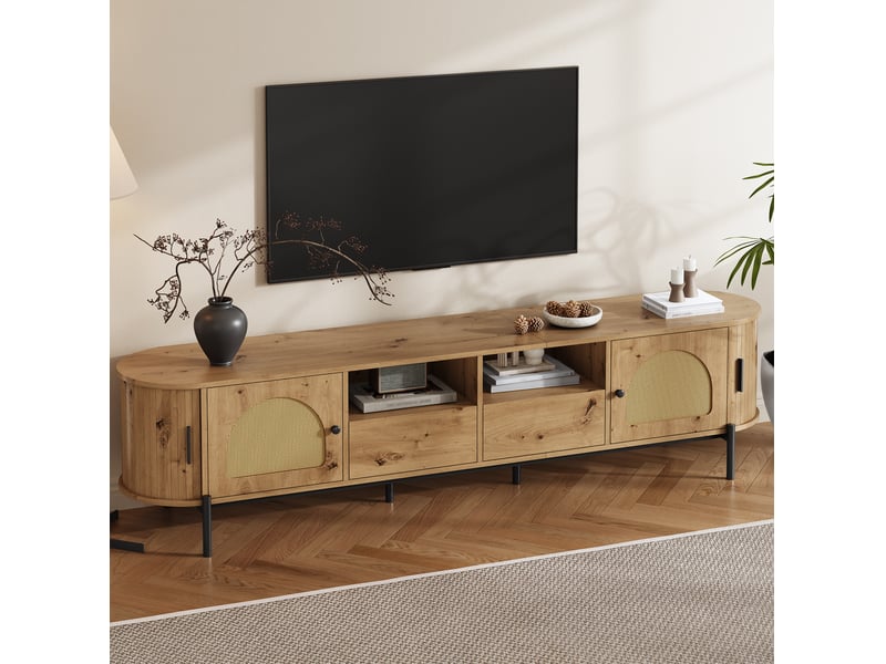  Meuble tv ulevr ovale avec rangement, portes en rotin, 2 tiroirs et passe-câbles, mdf naturel, 200 x 40 x 49,5 cm  - Conforama D