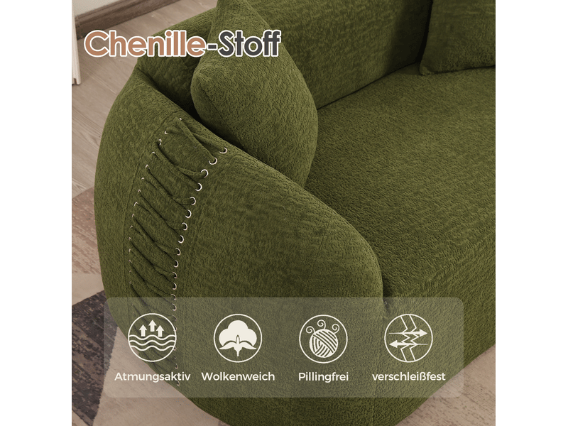  Canapé droit moderne 2 places 155x90x67 cm compressé incurvé, pour salon, contemporain, mousse et tissu chenille, vert  - Conforama E
