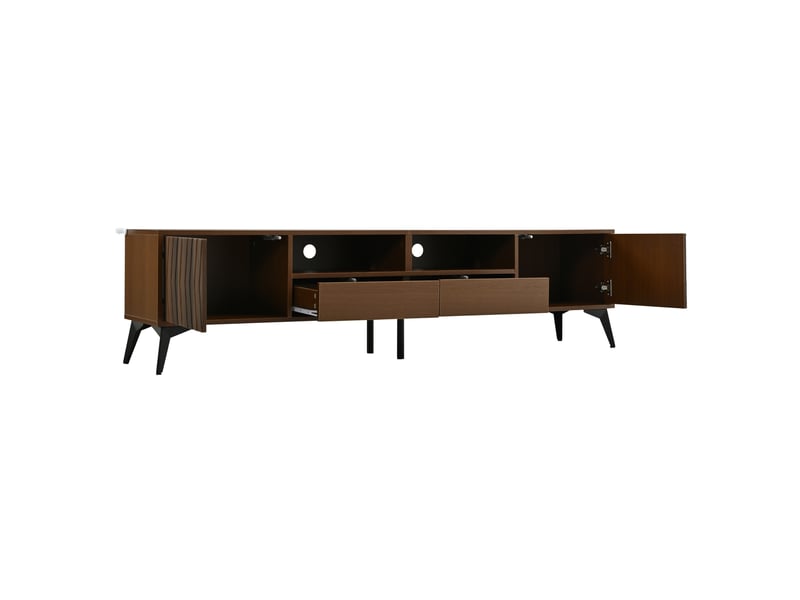  Meuble tv 180x35x45 cm avec 2 portes et 2 tiroirs en panneau de particules, passe-câbles, couleur marron  - Conforama E