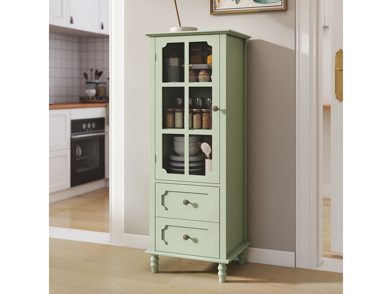 Buffet - 50x40x133 cm - meuble de rangement haut avec porte vitrée et 2 tiroirs, vitrine et buffet de cuisine - vert - Conforama D