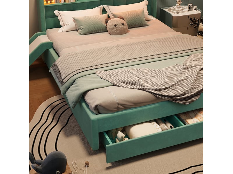  Lit enfant 140 × 200 cm 2 places avec toboggan, led, port de recharge et coffre, sans matelas, velours bleu-vert  - Conforama E