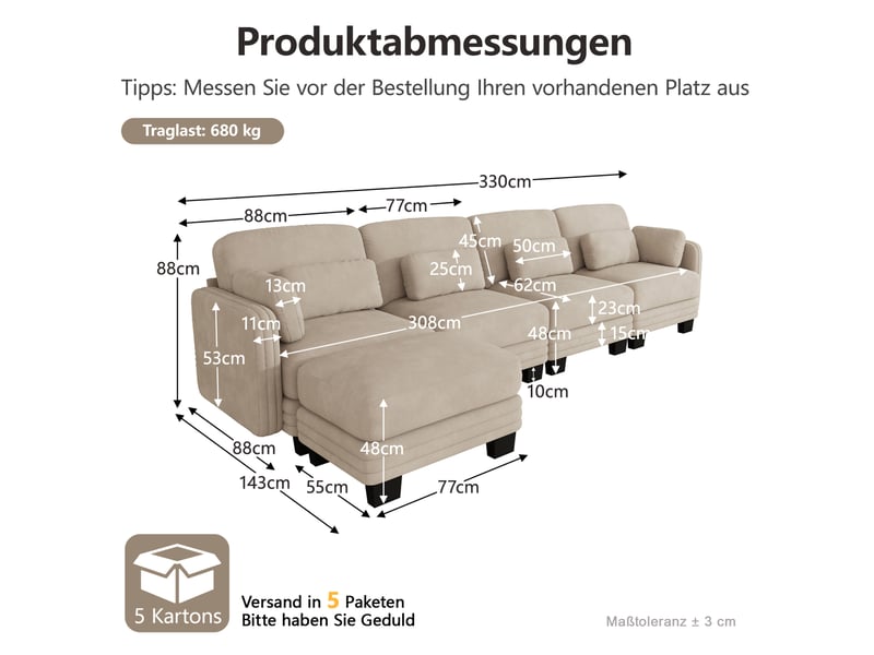  Canapé d’angle modulaire modenvie 4 places en chenille café clair avec 1 pouf et coussins mobiles 330 x 143 x 88 cm  - Conforama C