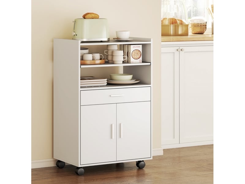  Desserte de cuisine à roulettes avec 2 portes, tiroir, niche et tablette coulissante en mdf blanc pour la cuisine  - Conforama C