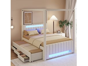 Lit adulte 140x200 cm – beige – lit à baldaquin capitonné avec lit gigogne, tiroirs et led intégrée