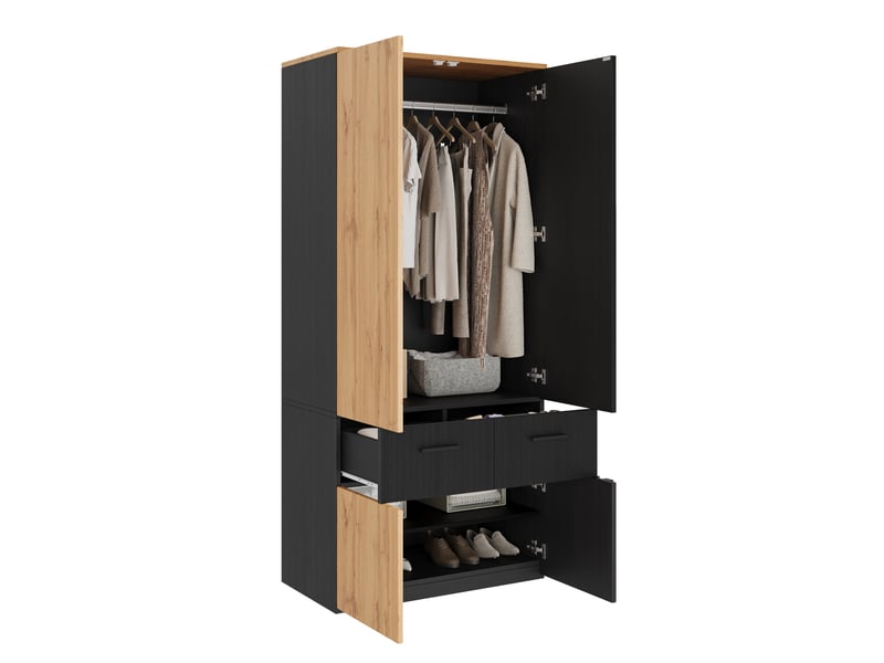  Armoire penderie 90 x 50 x 200 cm noire et bois, mdf et panneaux de particules, 2 tiroirs et penderie  - Conforama A