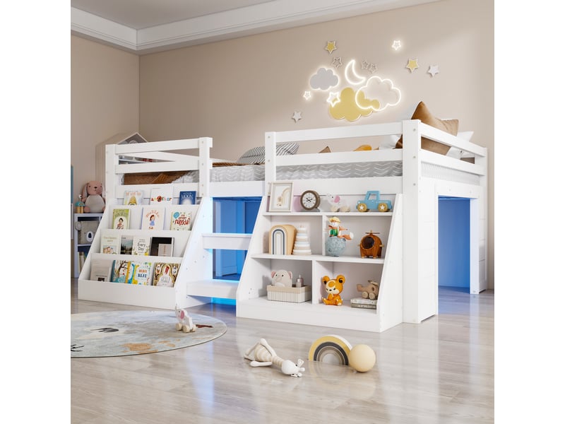  Lit mezzanine enfant 140x200cm en pin avec compartiments ouverts et led,lit superposé double avec échelle et barrières de sécurité,sans matelas-blanc+naturel  - Conforama W