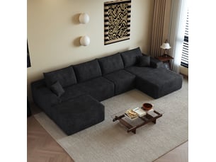 Canapé d'angle fixe 5 places en velours côtelé noir 340x175x83 cm, chaise longue en l, sans montage