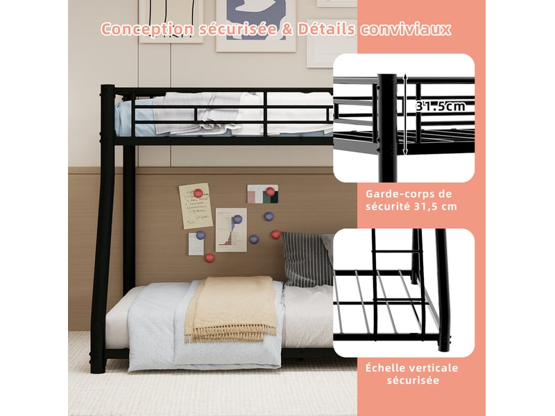  Lit superposé, 90x190 cm et 140x190 cm, couchage superposé, structure robuste, matelas non inclus, métal, coloris noir  - Conforama D