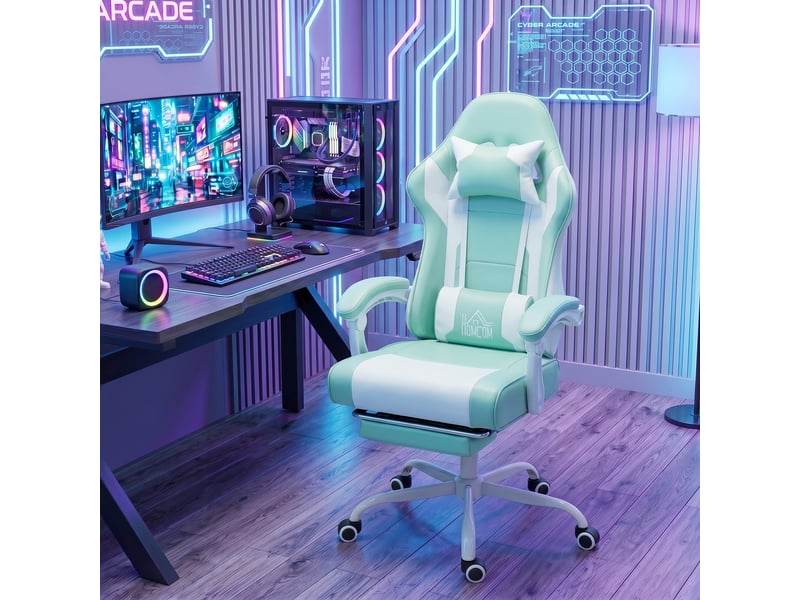  Fauteuil de jeu avec massage lombaire, vibration, inclinaison jusqu'à 155°, appui-tête réglable et repose-pieds rétractable, bleu  - Conforama D