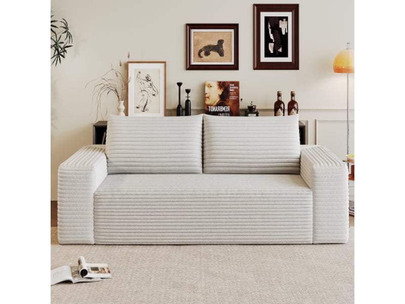  Canapé velours côtelé 180 cm, 2 places, siège profond, modulable sans montage, mousse crème  - Conforama B