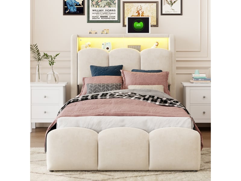  Lit coffre simple 90x200 cm en velours avec usb, type-c, led et rangement dans la tête de lit, sans matelas, beige  - Conforama C