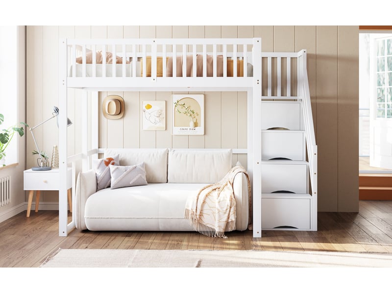  Lit mezzanine 140x200 cm avec échelle de rangement, cadre de lit adulte en pin avec sommier à lattes, lit double, blanc  - Conforama R