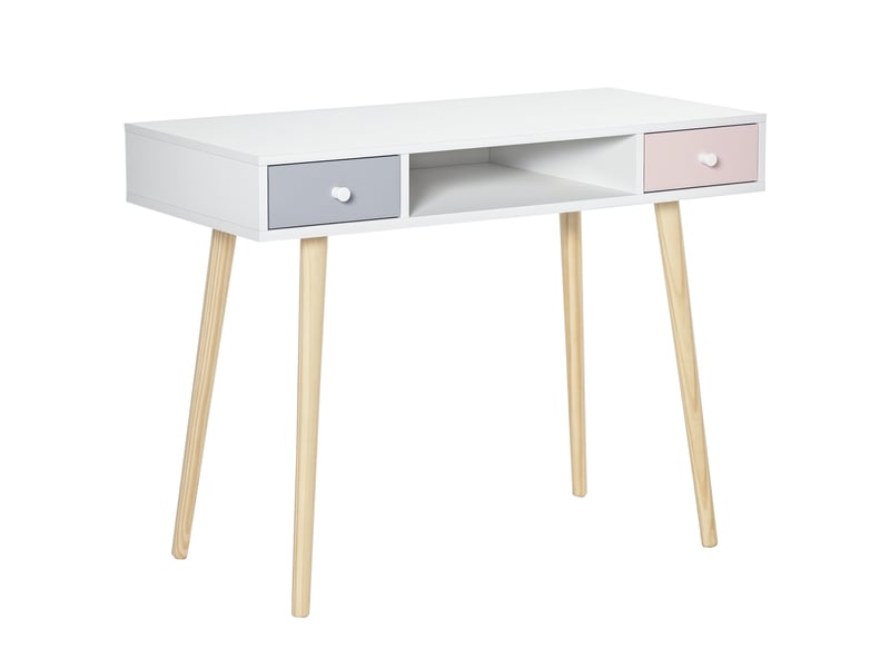  Bureau enfant style scandinave avec tiroir et compartiment de rangement 100l x 48l x 76,5h cm mdf et pin blanc gris et rose  - Conforama A