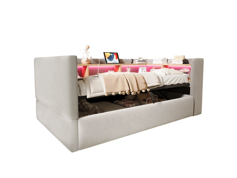  Lit coffre modenvie 90 x 190 cm avec led, prises et rangements, flanelle gris clair  - Conforama A