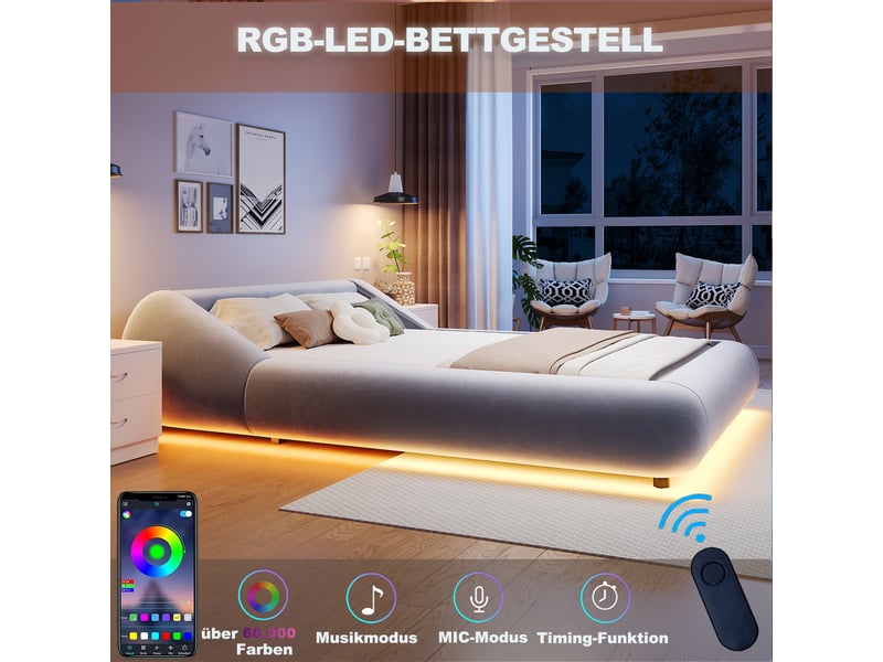  Lit double capitonné 140x200 cm avec tête de lit enveloppante, cadre effet flottant avec éclairage led, lit rembourré en velours - gris (sans matelas)  - Conforama D