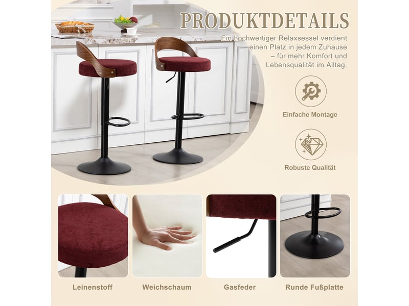  Lot de 2 tabourets de bar réglables,42,5x42x77-98 cm,tissu,rouge bordeaux  - Conforama E